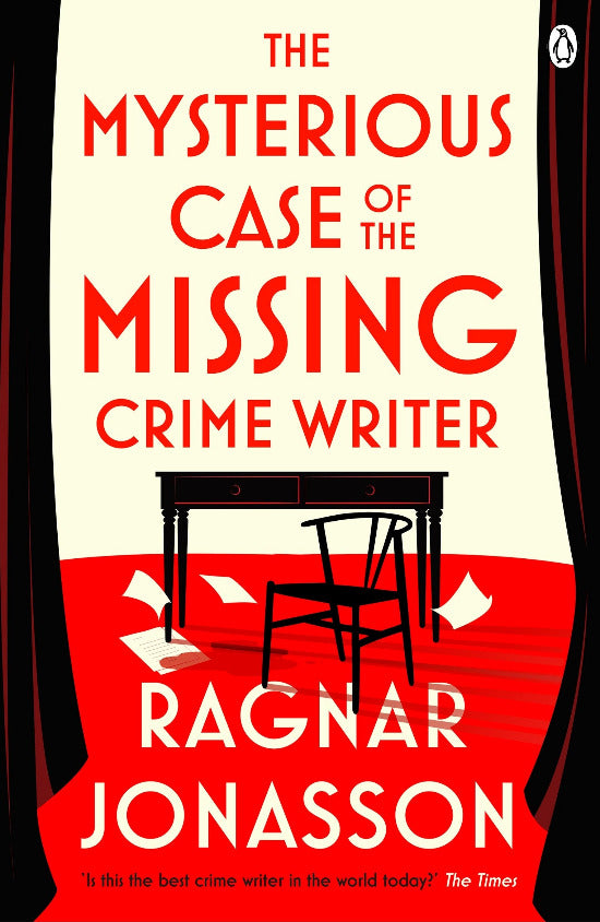 Book cover of 'The Mysterious Case of the Missing Crime Writer' by Ragnar Jonasson with a red and white design.