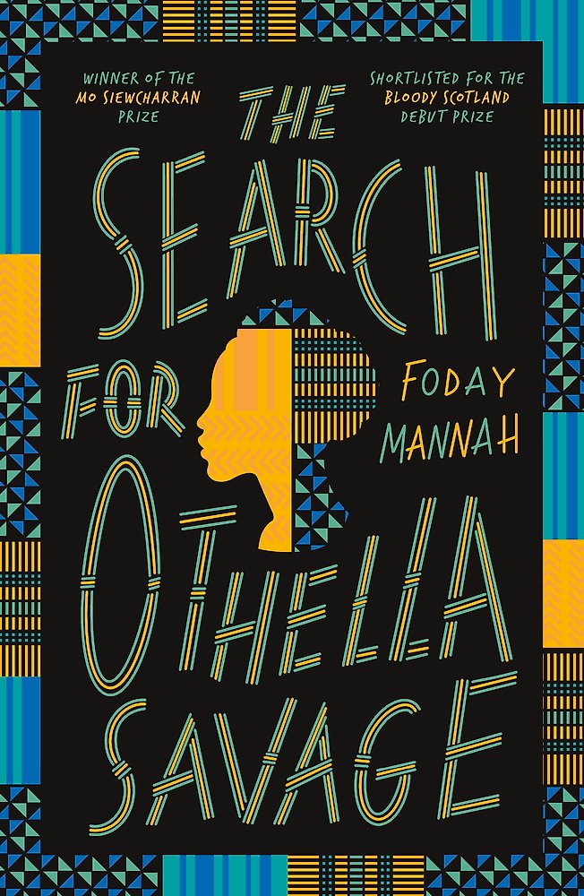 Book cover of 'The Search for Othella Savage' with geometric patterns and silhouette.