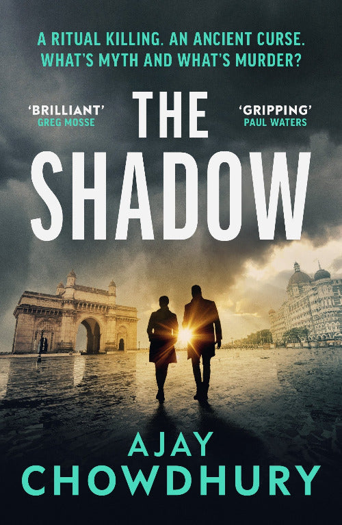 Book cover of 'The Shadow' by Ajay Chowdhury with two silhouettes walking towards a bright light.