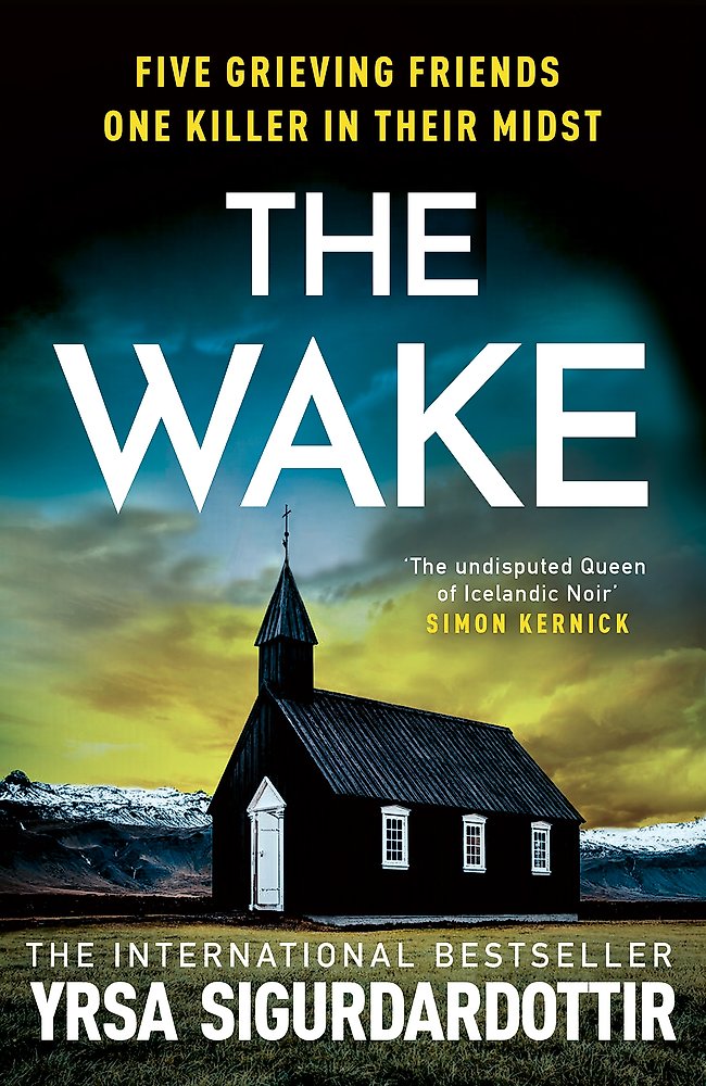 Book cover of 'The Wake' with a church and mountainous landscape