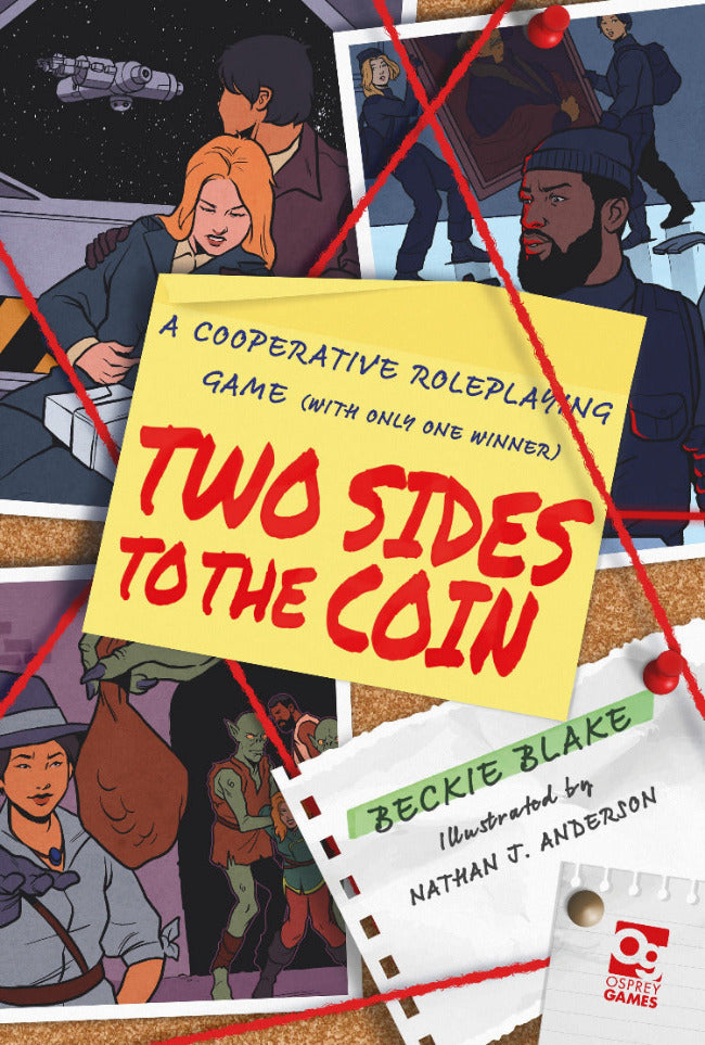 Cover of 'Two Sides to the Coin' cooperative roleplaying game with character illustrations and game components.