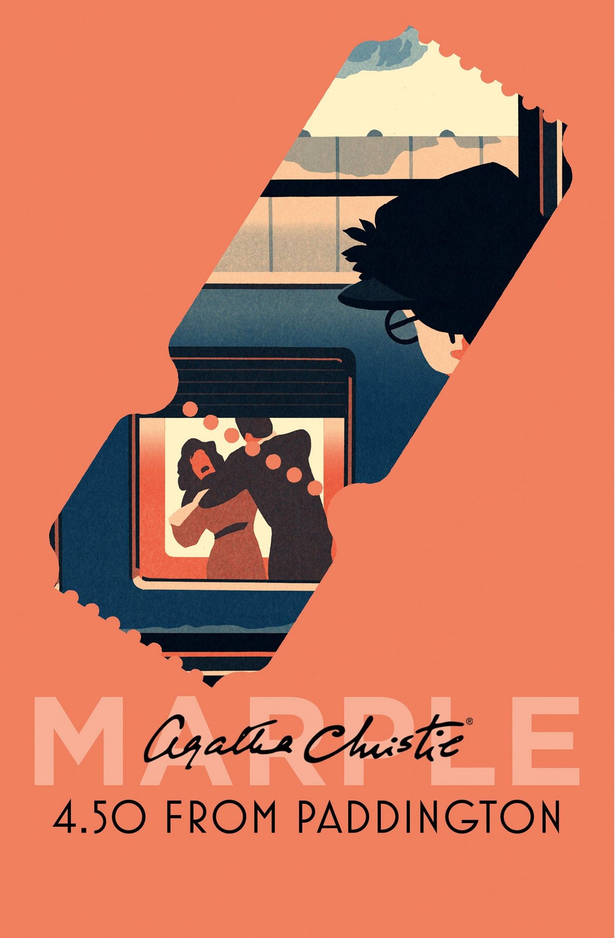 Book cover of '4.50 from Paddington' by Agatha Christie with a stylized illustration of a woman and a train.