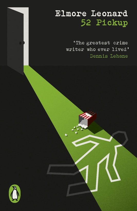 Book cover of '52 Pickup' by Elmore Leonard with a stylized figure, open door, and spotlight effect.