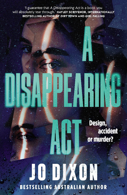 Book cover of 'A Disappearing Act' by Jo Dixon with a woman's face and water droplets.