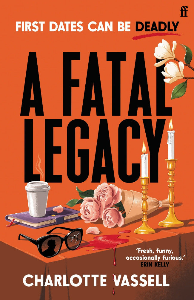 Book cover of 'A Fatal Legacy' with candles, roses, and a cup on an orange background