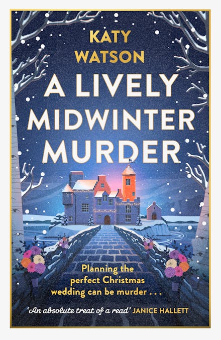 Book cover of 'A Lively Midwinter Murder' by Katy Watson with a snowy village scene.