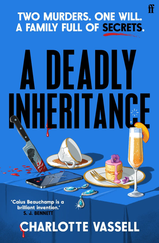 Book cover of 'A Deadly Inheritance' with a blue background, knife, cake, and drink.