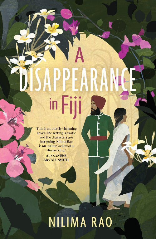 Book cover of 'A Disappearance in Fiji' with a couple and floral elements.