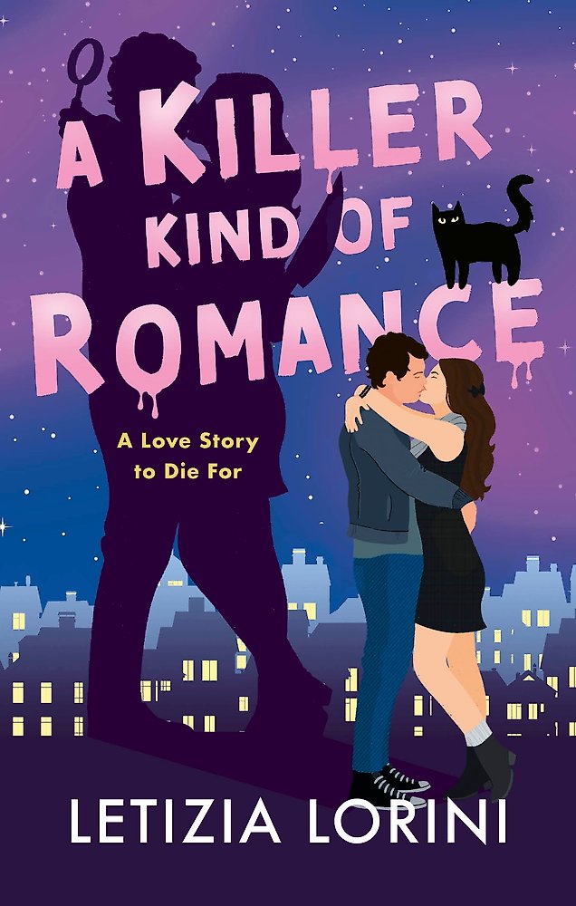 Book cover of A Killer Kind Of Romance by Letizia Lorini show a man and a woman kissing against a purple night 