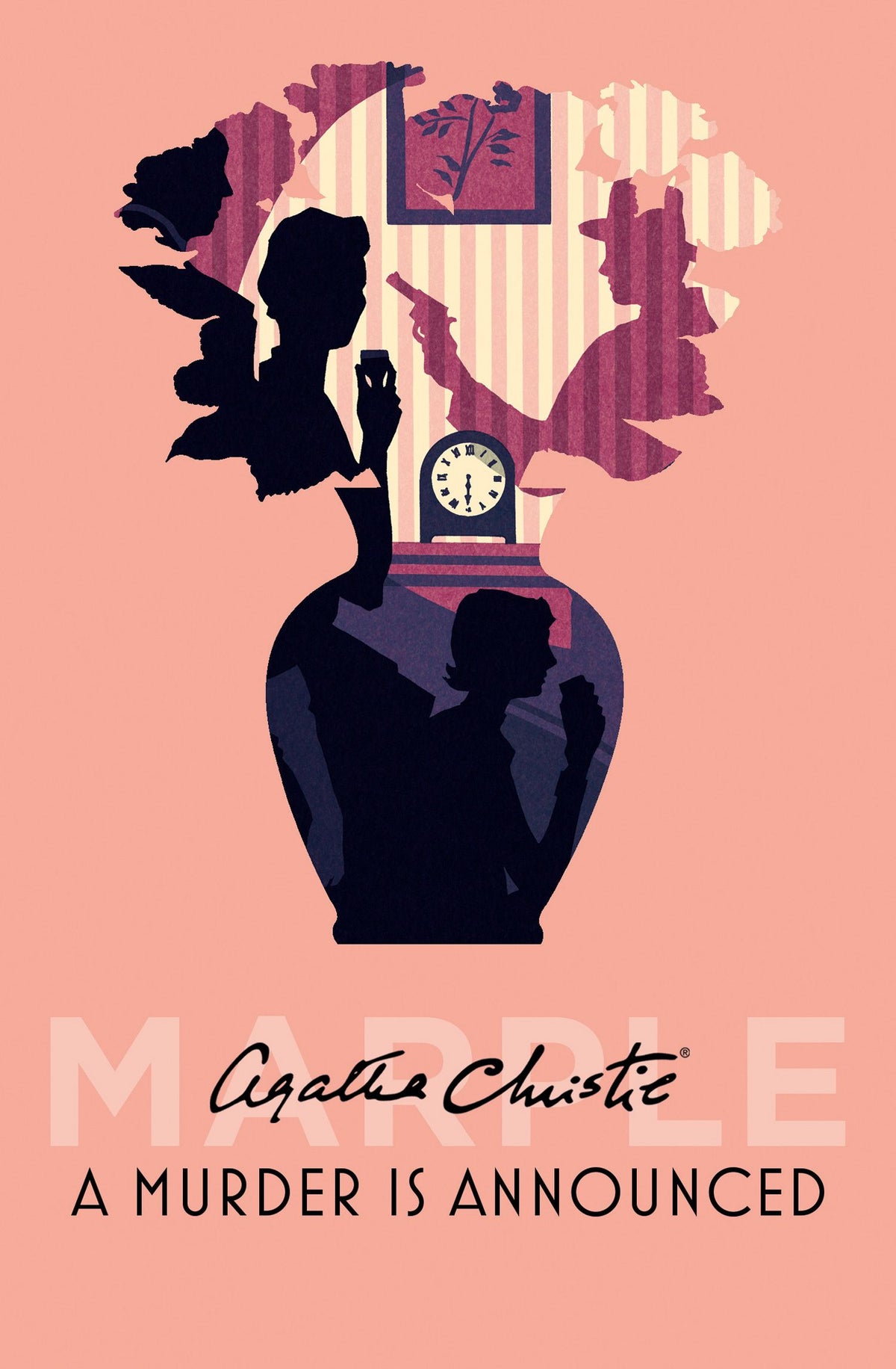 Book cover of 'A Murder is Announced' by Agatha Christie with silhouettes of people and a clock.