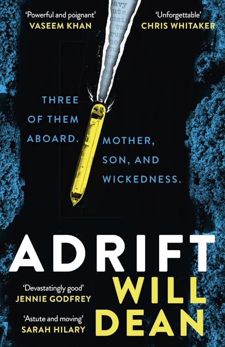 Book cover with a canal boat drifting down a river with trees either side. Book title Adrift. Book author Will Dean.