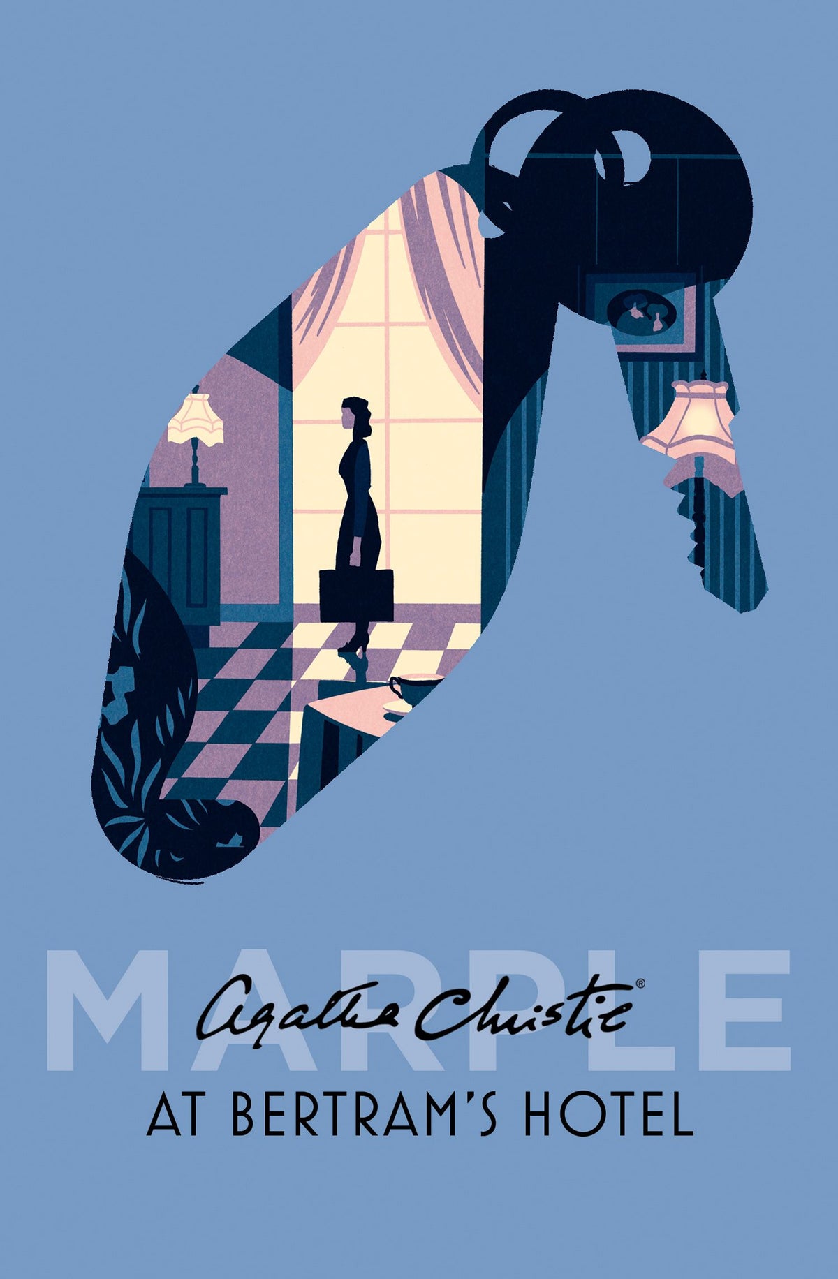 Book cover of 'Marple at Bertram's Hotel' by Agatha Christie with a stylized illustration of a woman and elephant.