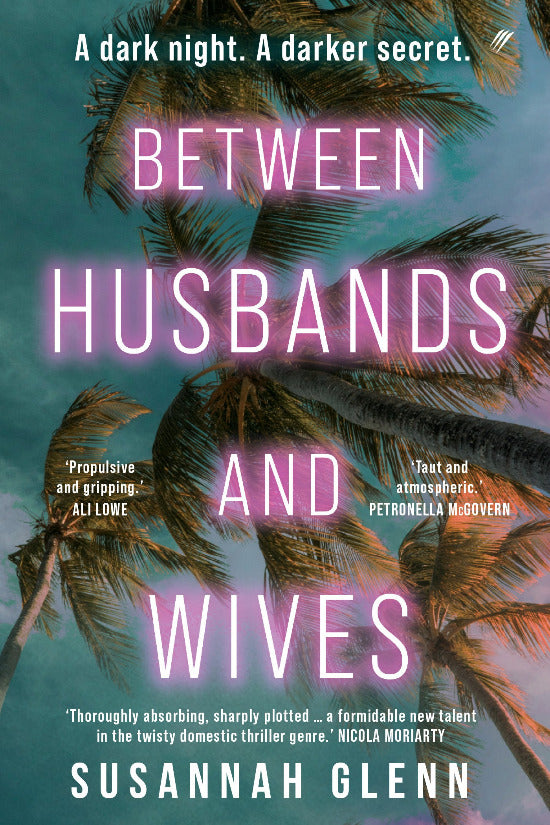 Book cover of 'Between Husbands and Wives' with palm trees and a dark sky.