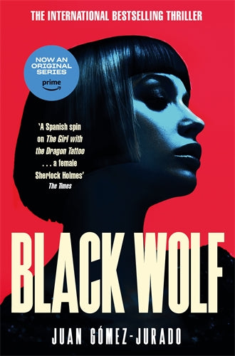 Book cover of 'Black Wolf' with a stylized woman's face on a red background