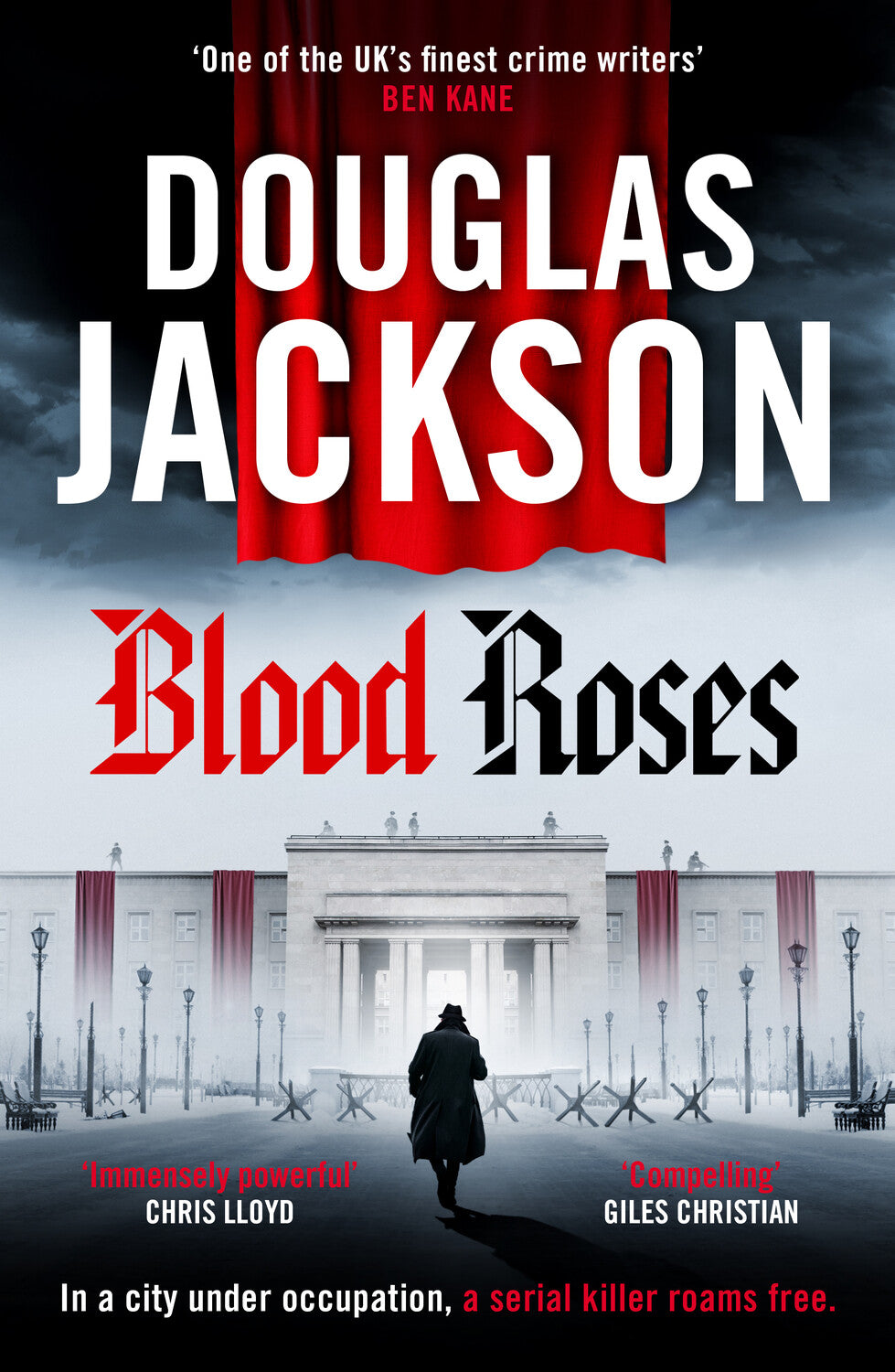 Book cover of 'Blood Roses' by Douglas Jackson with a red curtain and cityscape background.