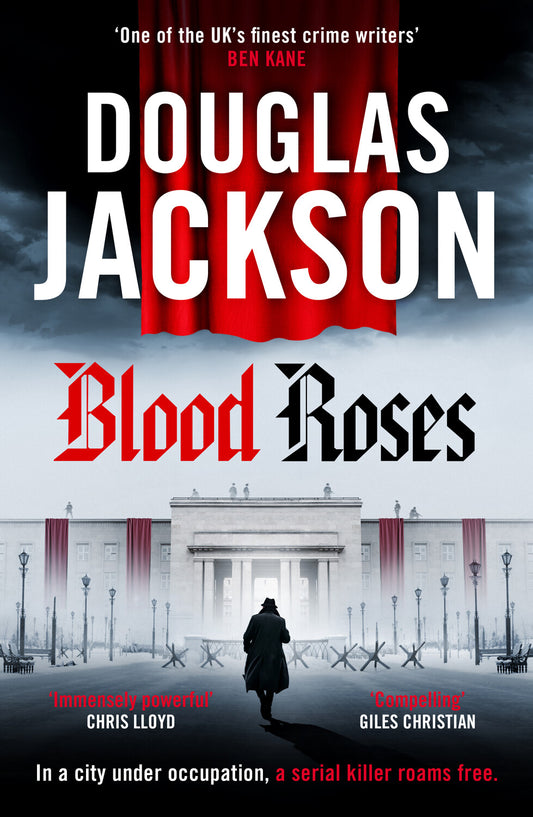 Book cover of 'Blood Roses' by Douglas Jackson with a red curtain and cityscape background.