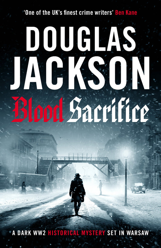 Book cover of 'Blood Sacrifice' by Douglas Jackson with a snowy scene and silhouette.