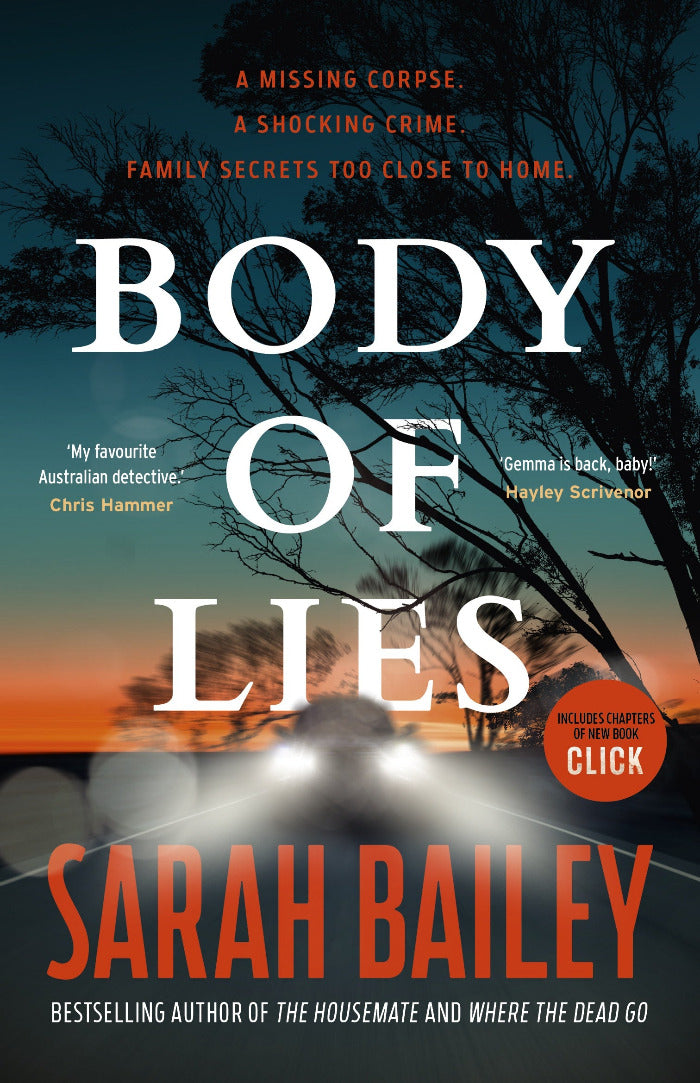 Book cover of 'Body of Lies' by Sarah Bailey with a dark road scene.