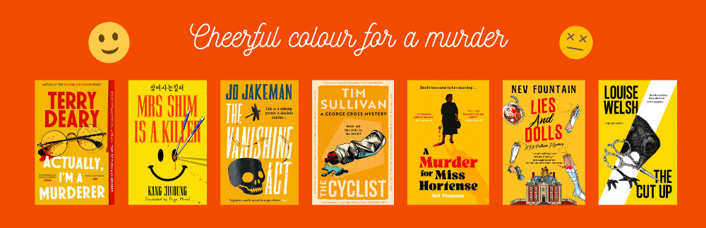 A promotional banner featuring six mystery book covers arranged side by side on a bright orange background, with the title 'Cheerful colour for a murder' in white script at the top.