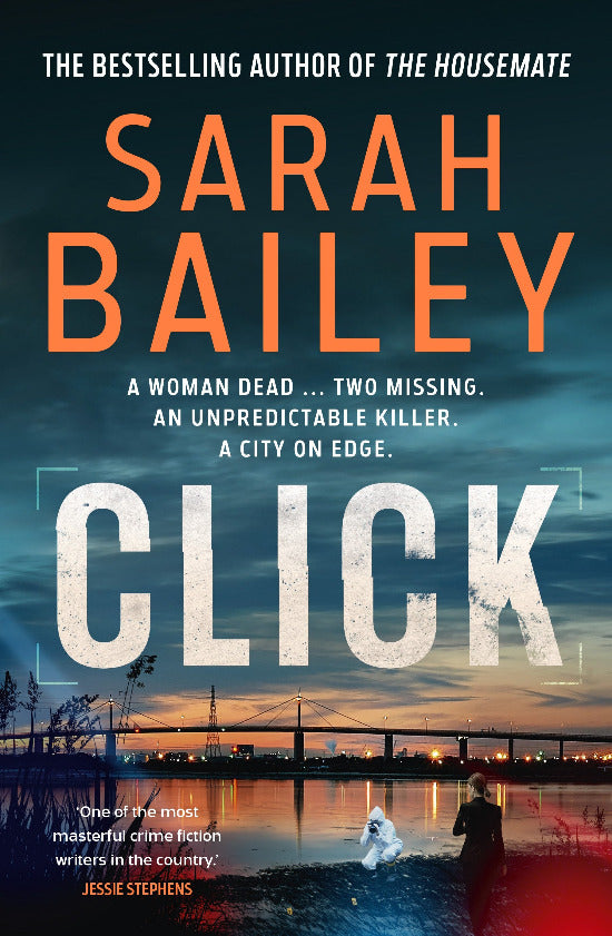 Book cover of 'Click' by Sarah Bailey with a dark sky and cityscape.