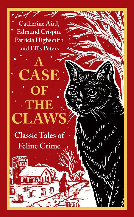Book cover for 'A Case of the Claws: Classic Tales of Feline Crime' featuring a large black cat illustration on a red background with gold and white text and a small white church scene at the bottom.
