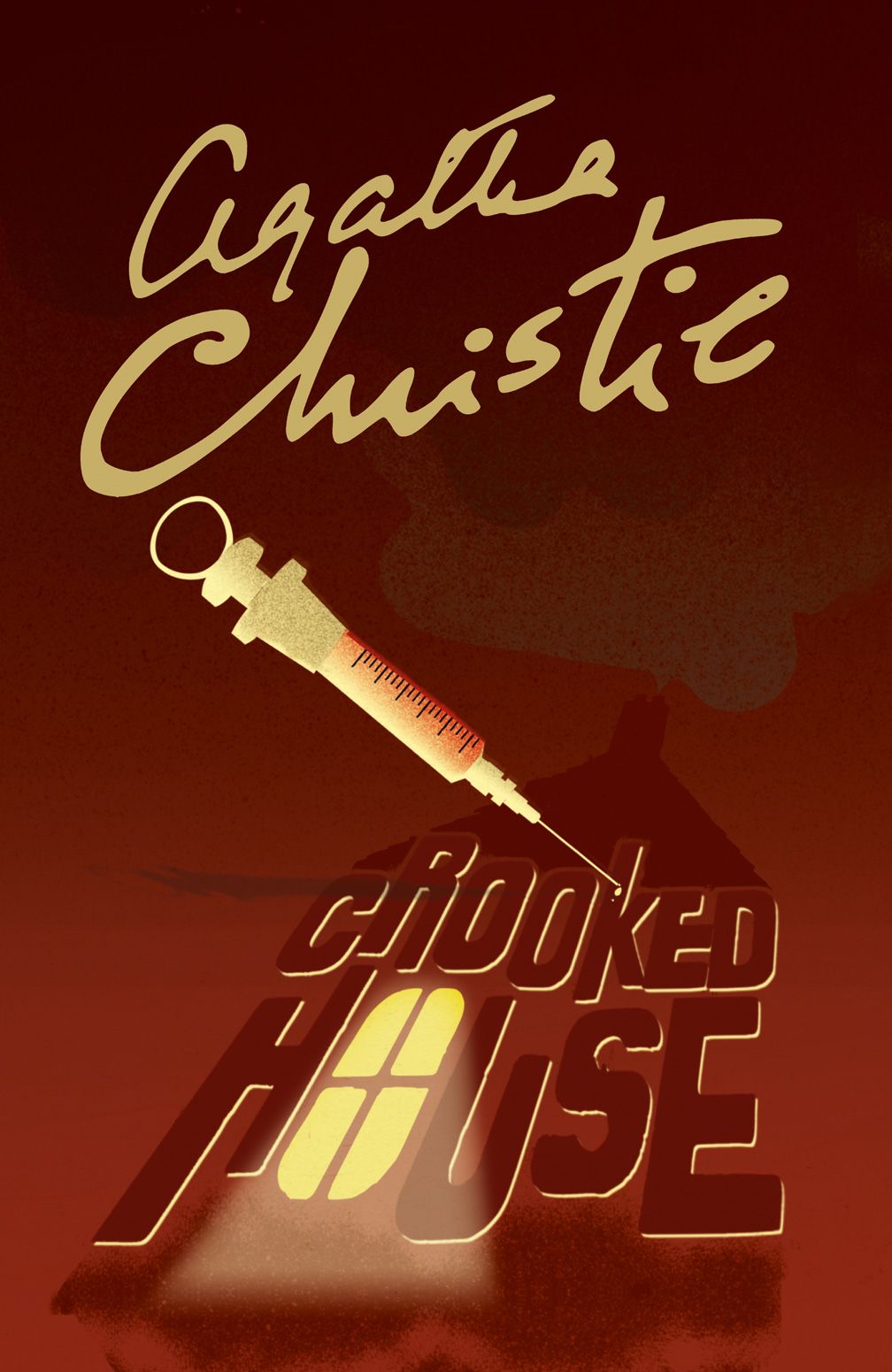 Book cover for 'Crooked House' by Agatha Christie, featuring a stylized syringe graphic over a dark red background with gold lettering.