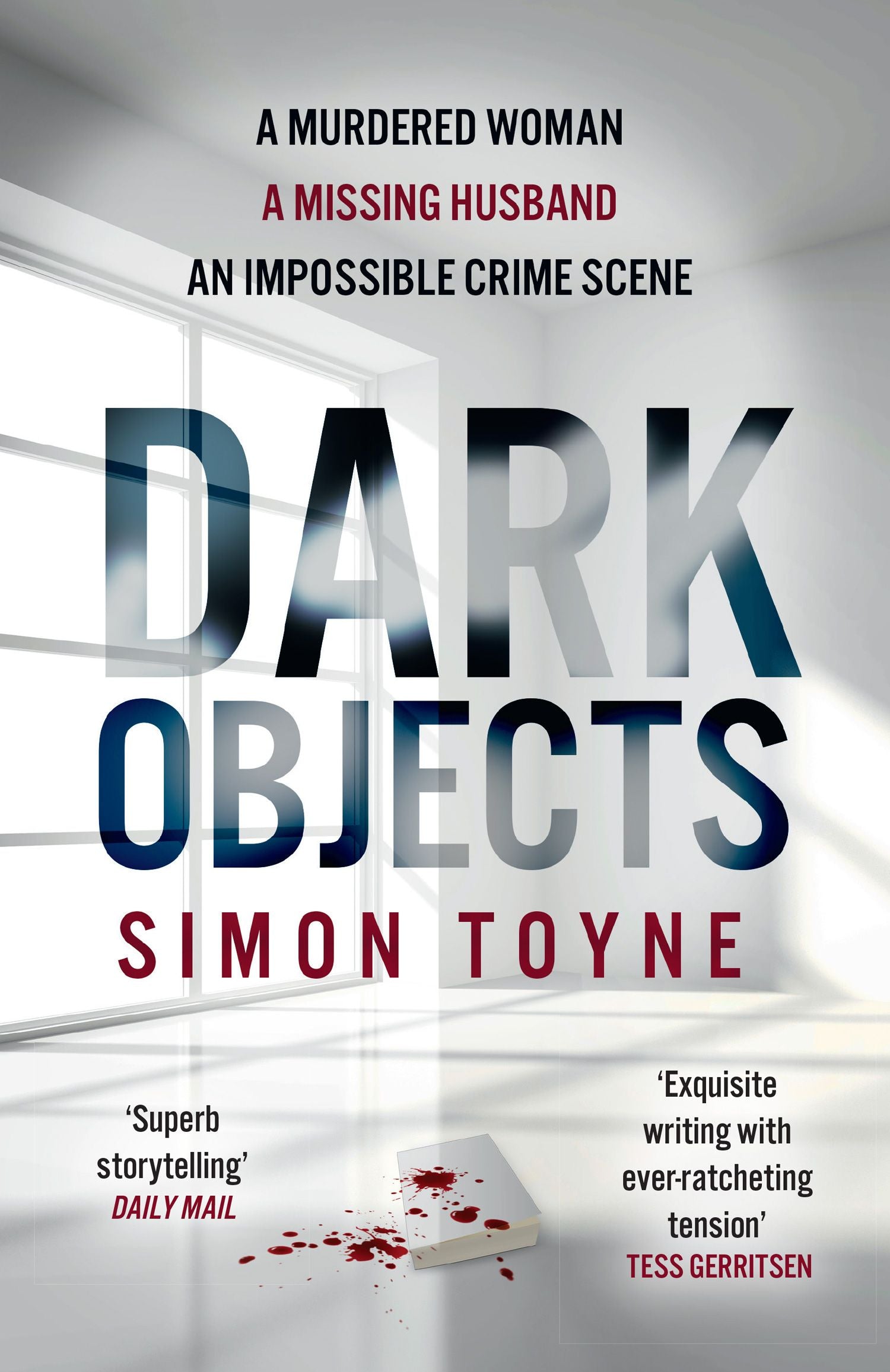 Book cover of 'Dark Objects' by Simon Toyne with a blurred image of a crime scene.