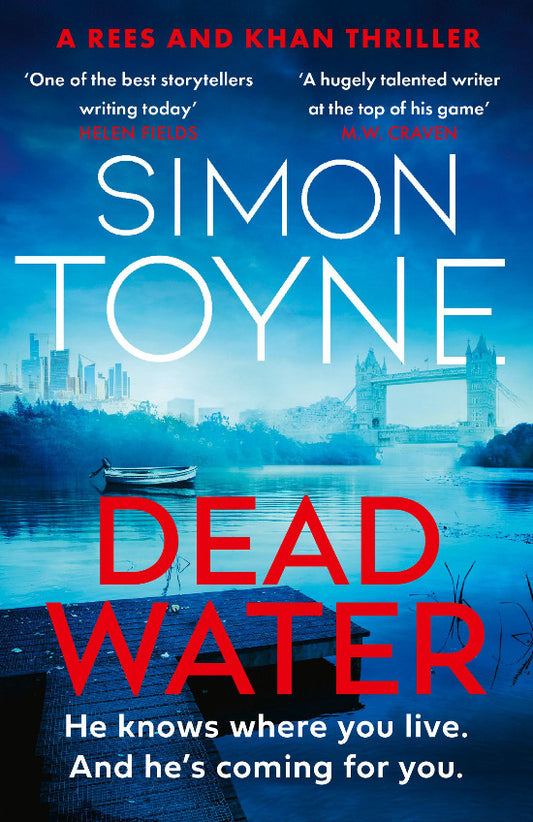 Book cover of 'Dead Water' by Simon Toyne with a city skyline and river scene.