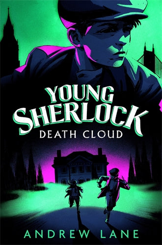 Book cover for 'Young Sherlock: Death Cloud' by Andrew Lane, featuring a stylized neon illustration of a young man in a cap, two children running toward a house, and the title in large white letters with a green outline.