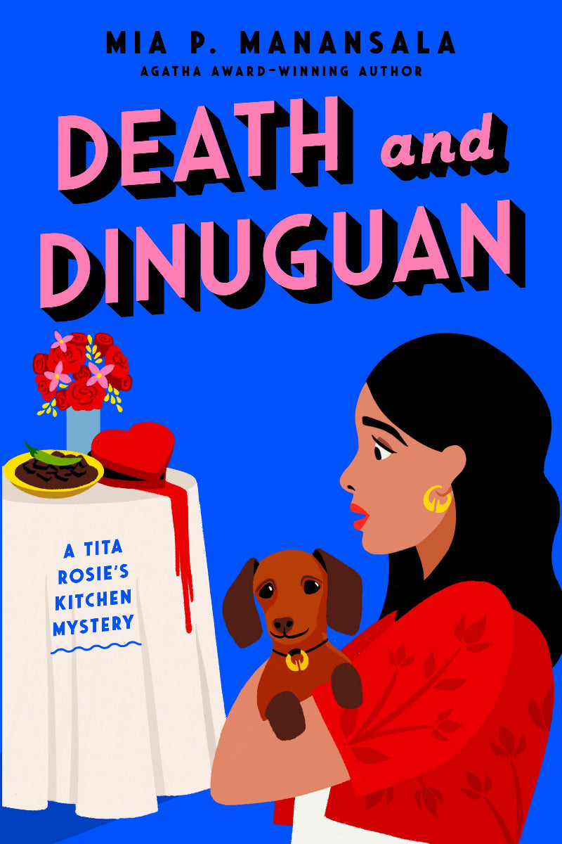 Book cover of 'Death and Dinuguan' featuring a woman with a dog and a table setting.