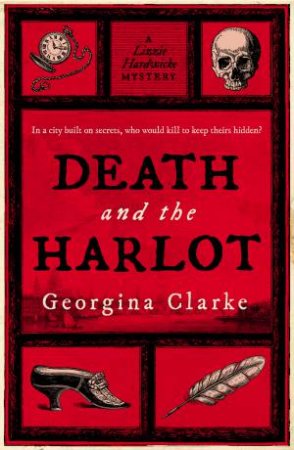 Book cover of 'Death and the Harlot' by Georgina Clarke with red background and black text.