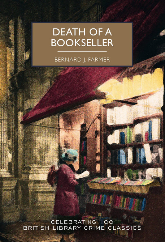 Book cover of 'Death of a Bookseller' by Bernard J. Farmer, featuring a bookshop scene.