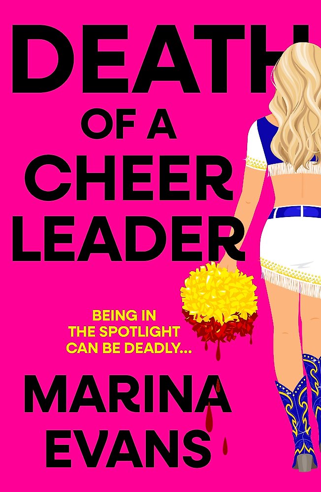 Book cover of 'Death of a Cheerleader' with a cheerleader character on a pink background