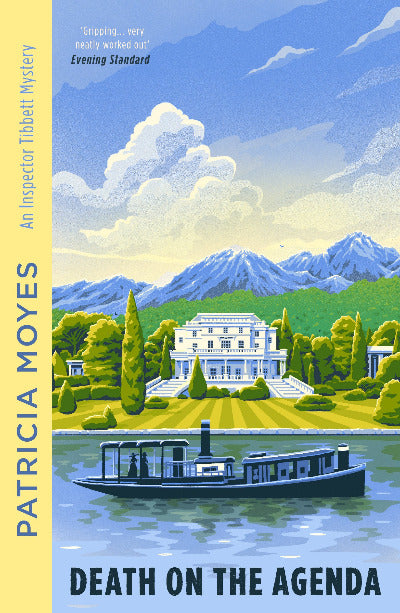 Book cover of 'Death on the Agenda' by Patricia Moyes with a scenic illustration of a house and boat.