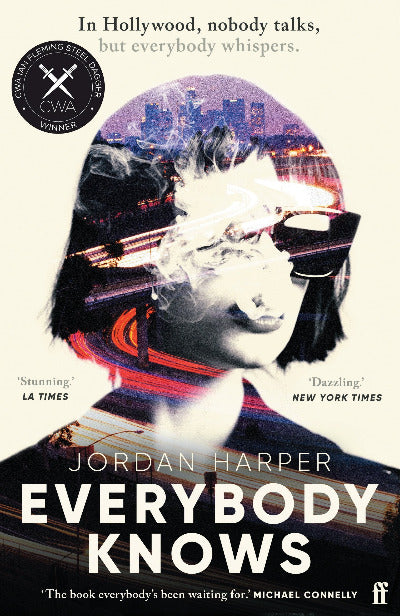 Book cover of 'Everybody Knows' by Jordan Harper with a stylized face and cityscape.