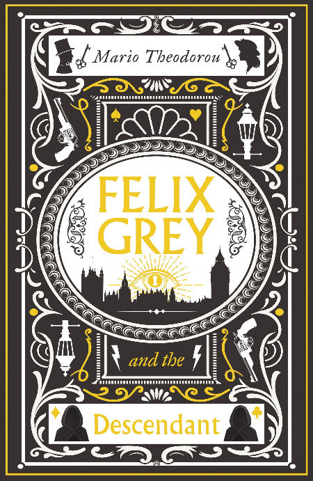 Book cover of 'Felix Grey and the Descendant' by Mario Theodorou with decorative elements.