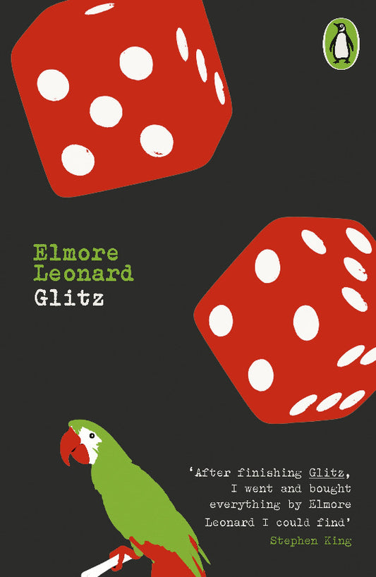 Book cover of 'Glitz' by Elmore Leonard with red dice and a parrot on a black background.