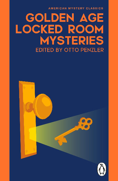 Book cover of 'Golden Age Locked Room Mysteries' with a door illustration and key on an orange and blue background.