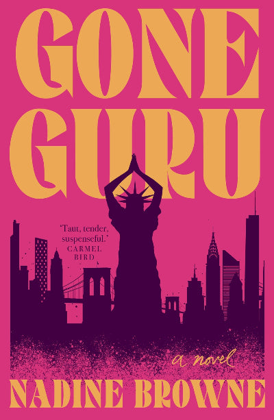 Book cover of 'Gone Guru' with a silhouette of a statue and city skyline on a pink background.