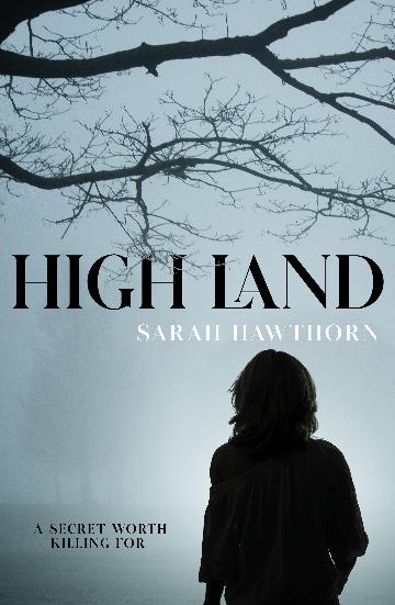 Book cover for 'High Land' by Sarah Hawthorn, featuring a silhouetted person standing beneath bare tree branches against a misty pale blue-gray background.