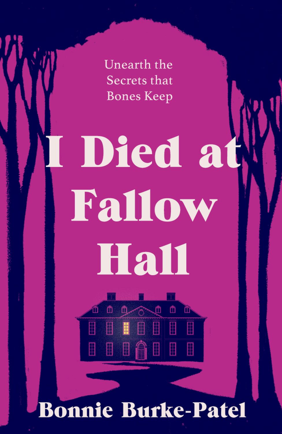 Book cover of 'I Died at Fallow Hall' with a pink background and silhouette of a house.