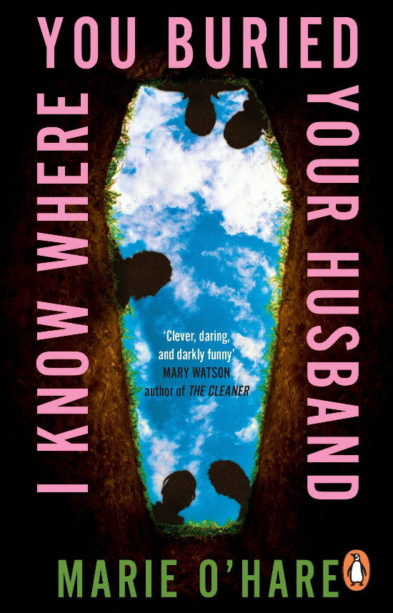 Book cover of 'I Know Where You Buried Your Husband' with a silhouette of a person and a coffin.