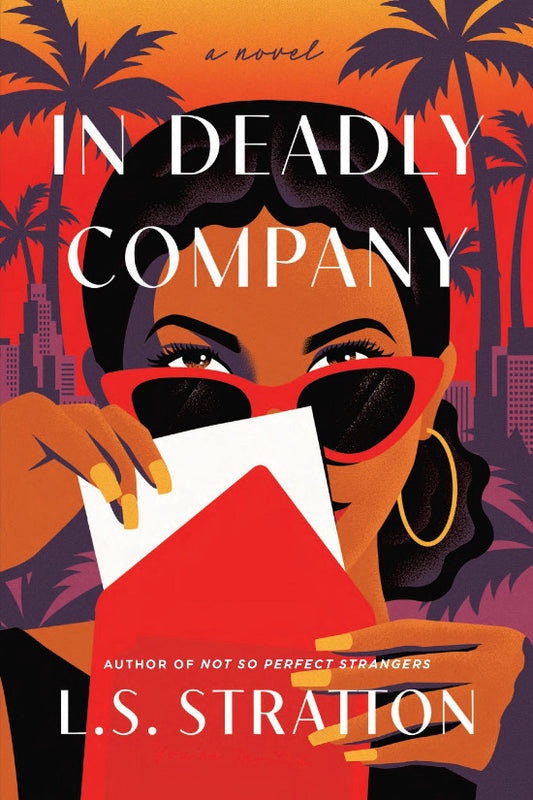 Book cover of 'In Deadly Company' with a woman holding a red book and palm trees in the background