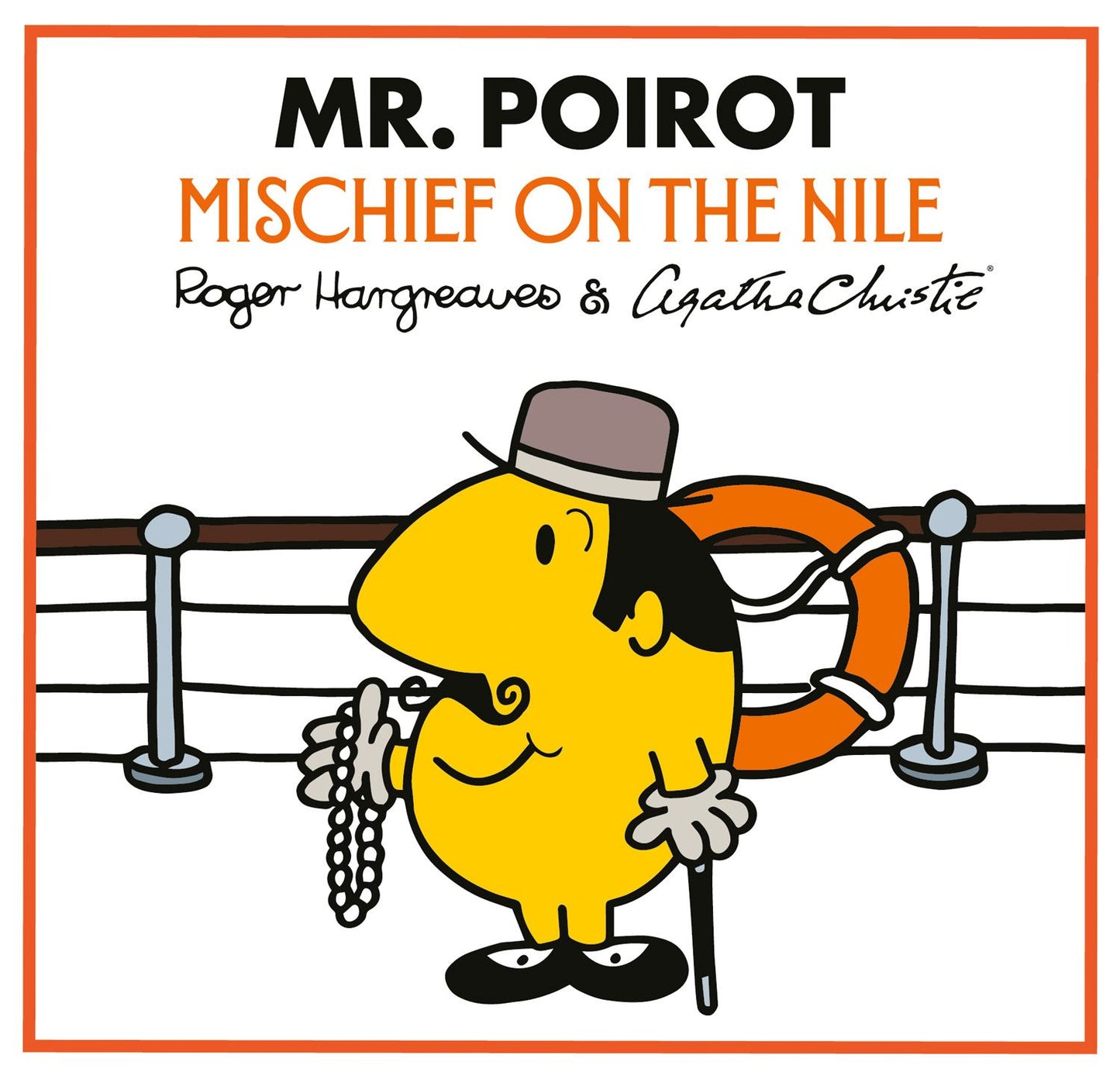 Book cover of 'Mischief on the Nile' featuring Mr. Poirot with a life preserver and pearls