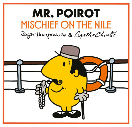 Book cover of 'Mischief on the Nile' featuring Mr. Poirot with a life preserver and pearls