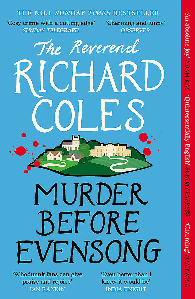 Book cover of 'Murder Before Evensong' by Richard Coles with a blue background and map illustration.