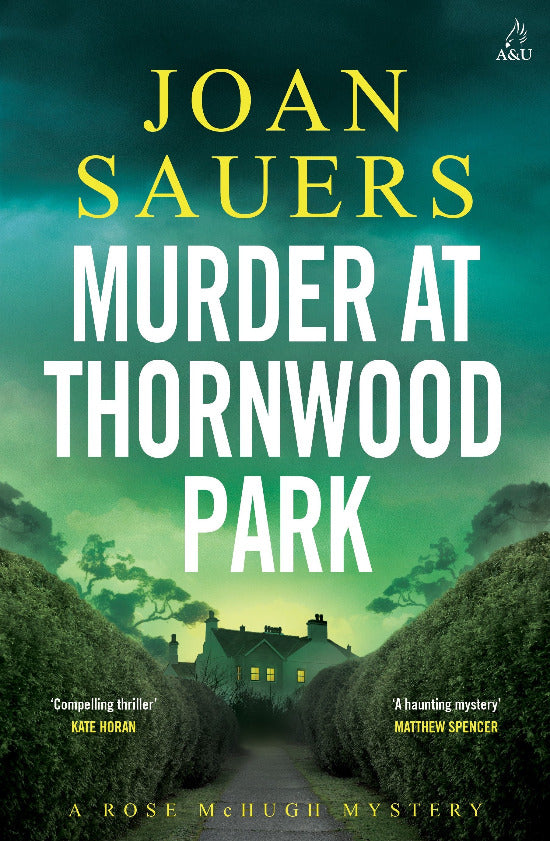 Book cover of 'Murder at Thornwood Park' by Joan Sauers with a green landscape and house.