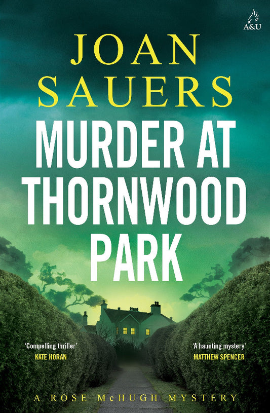 Book cover of 'Murder at Thornwood Park' by Joan Sauers with a green landscape and house.