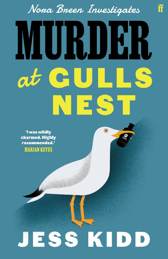 Book cover of 'Murder at Gulls Nest' by Jess Kidd with a seagull illustration on a blue background.