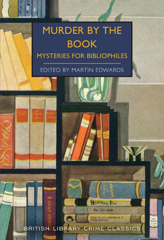 Book cover of 'Murder by the Book' with images of books and a title in yellow text on a blue background.